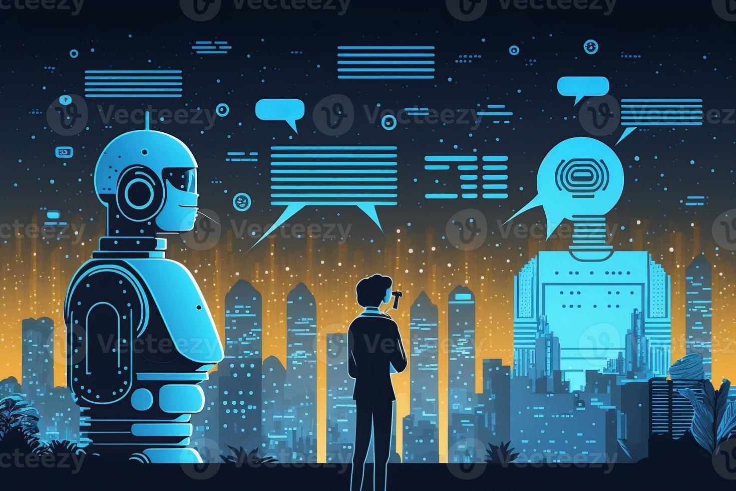 Smart City with robot system artificial intelligence , Chat GPT chatbot AI , Chatting with a smart AI or artificial intelligence chatbot developed by OpenAI. Generate Ai photo