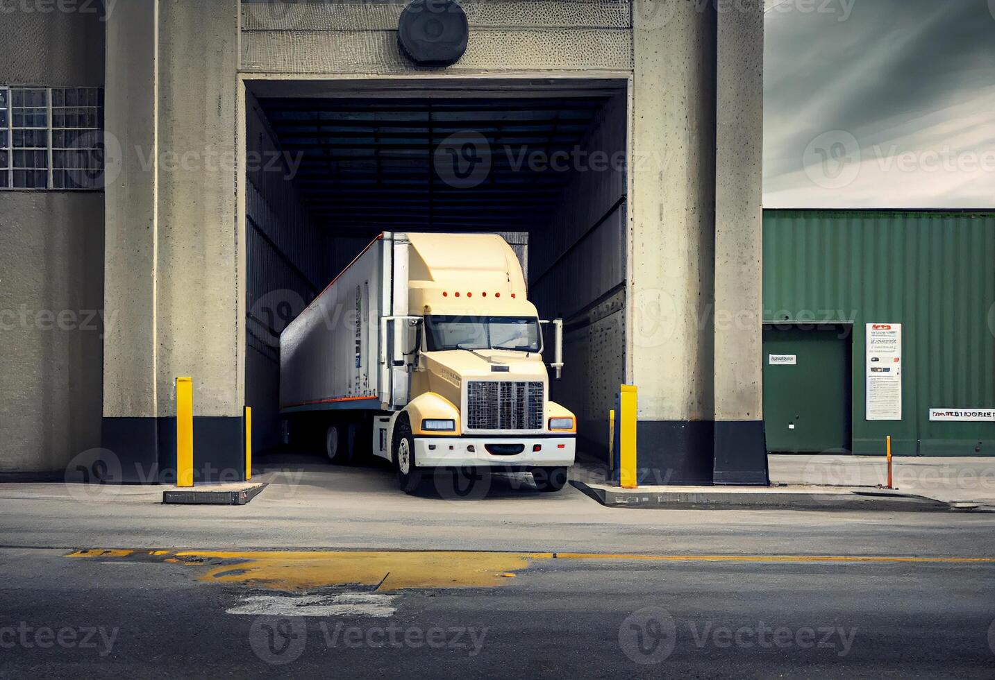 Truck parking at warehouse loading dock. Generate Ai photo