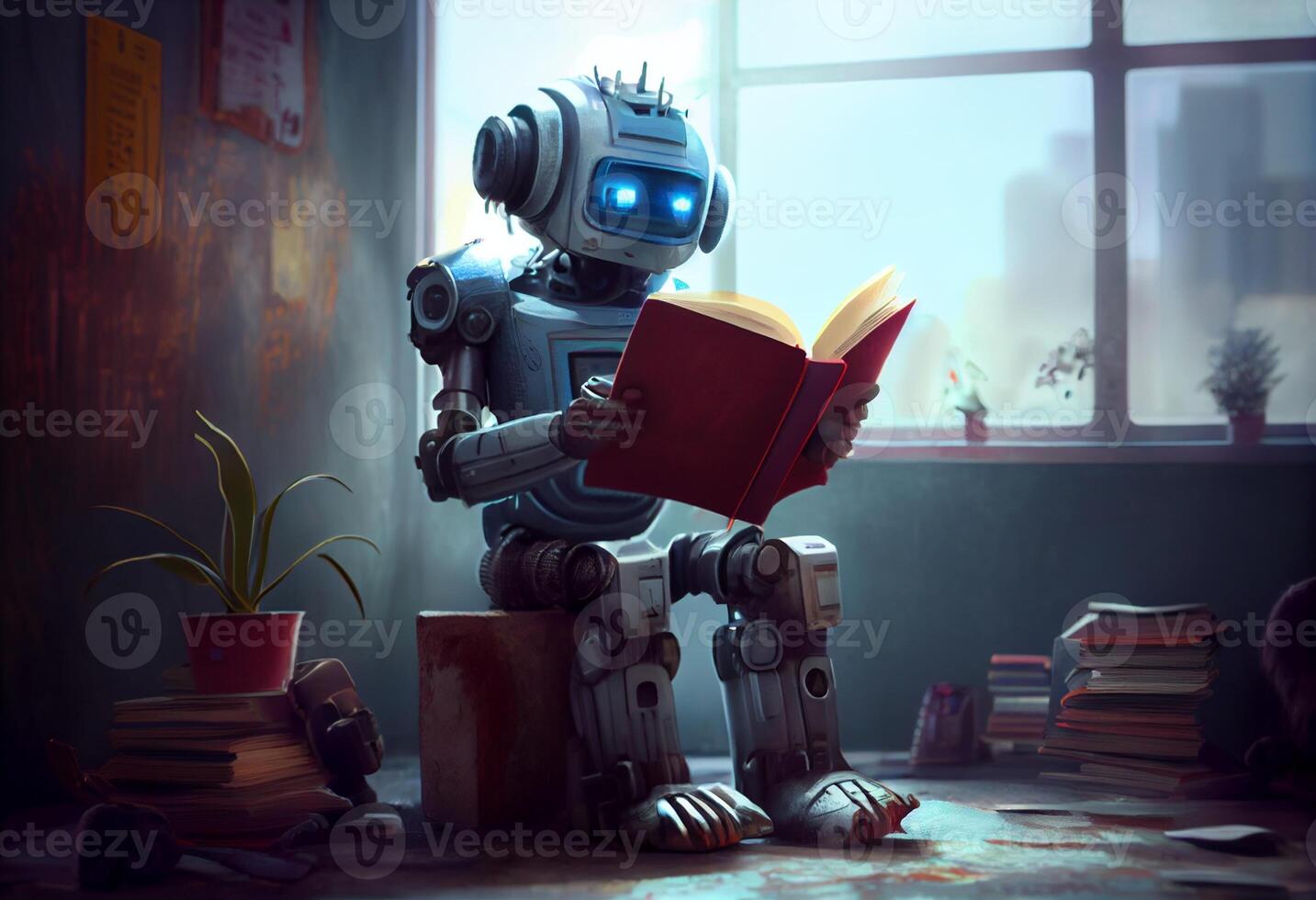 Robot child reading a book , Robot education a book. Generate Ai photo