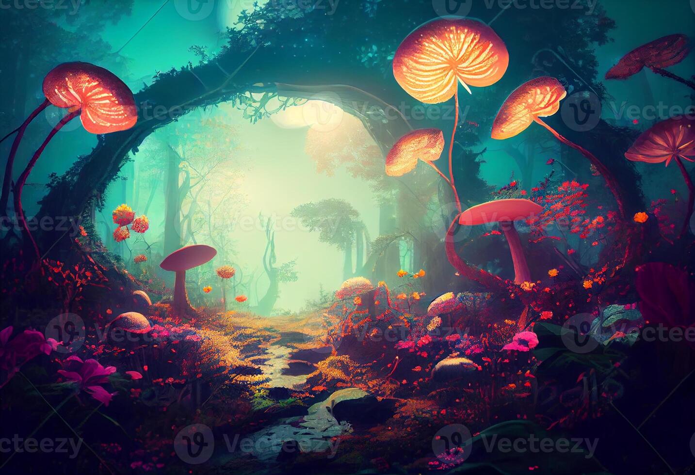 Photo fantasy landscape magical forest background with big flower. Generate Ai