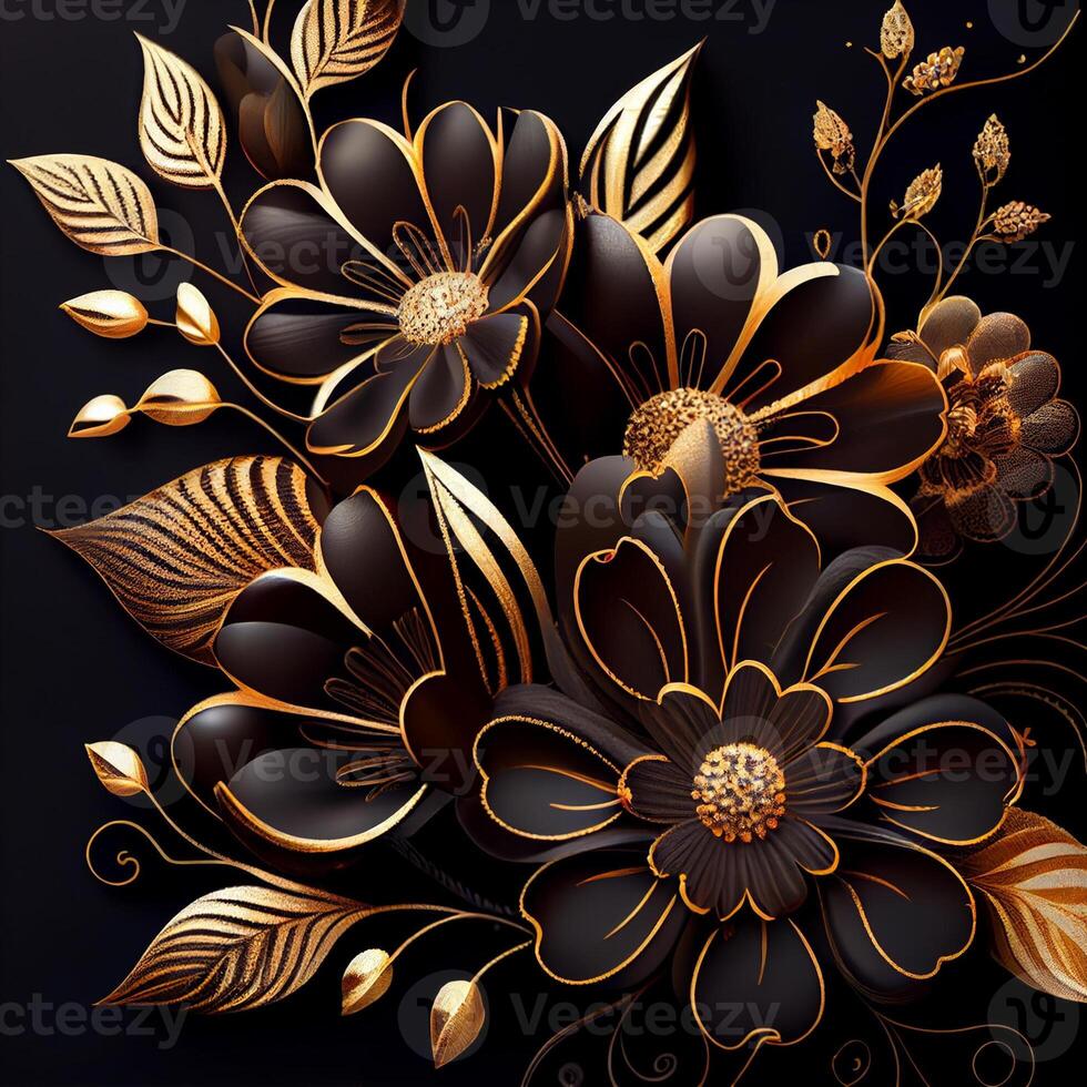 foto dorado flores en negro antecedentes elegante floral fondo de pantalla. generar ai