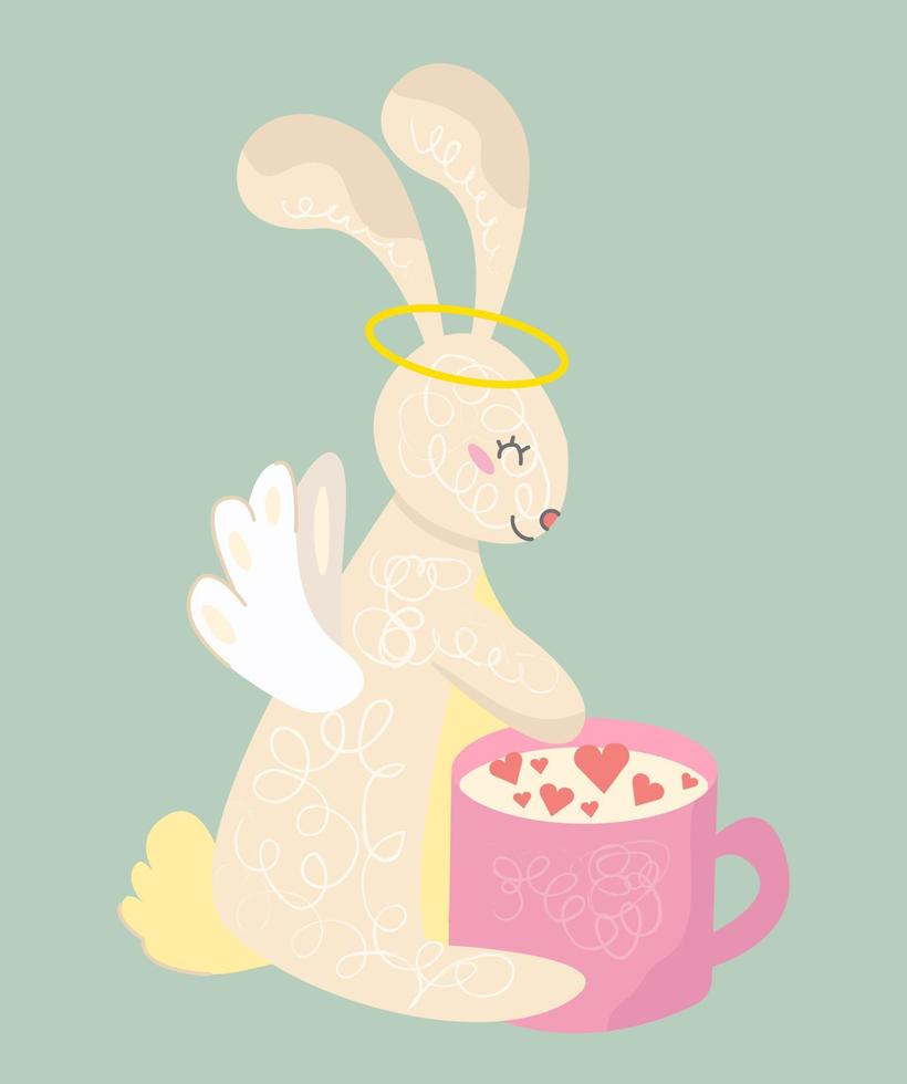 Textured cute white rabbit with wings and heart. Animal holidays cartoon character. vector