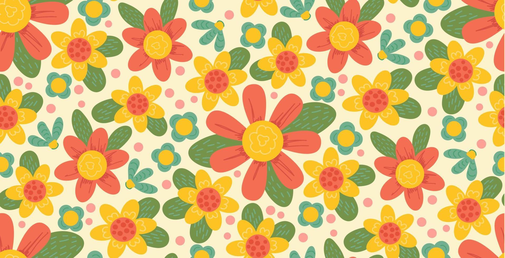 Pattern floral pattern. Background of bright textured flowers. . Bright yellow and red flowers on a white background. vector