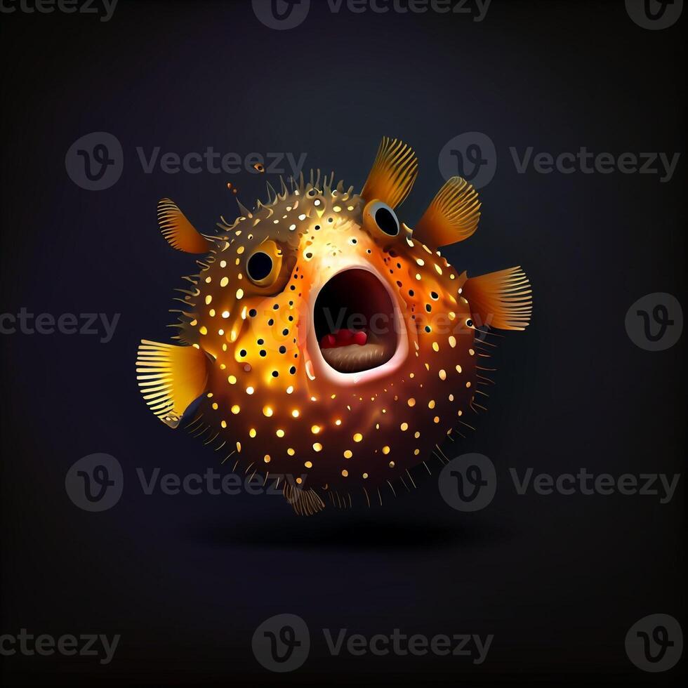 Illustration of surrealistic pufferfish with opened mouth on black background. Generate Ai photo