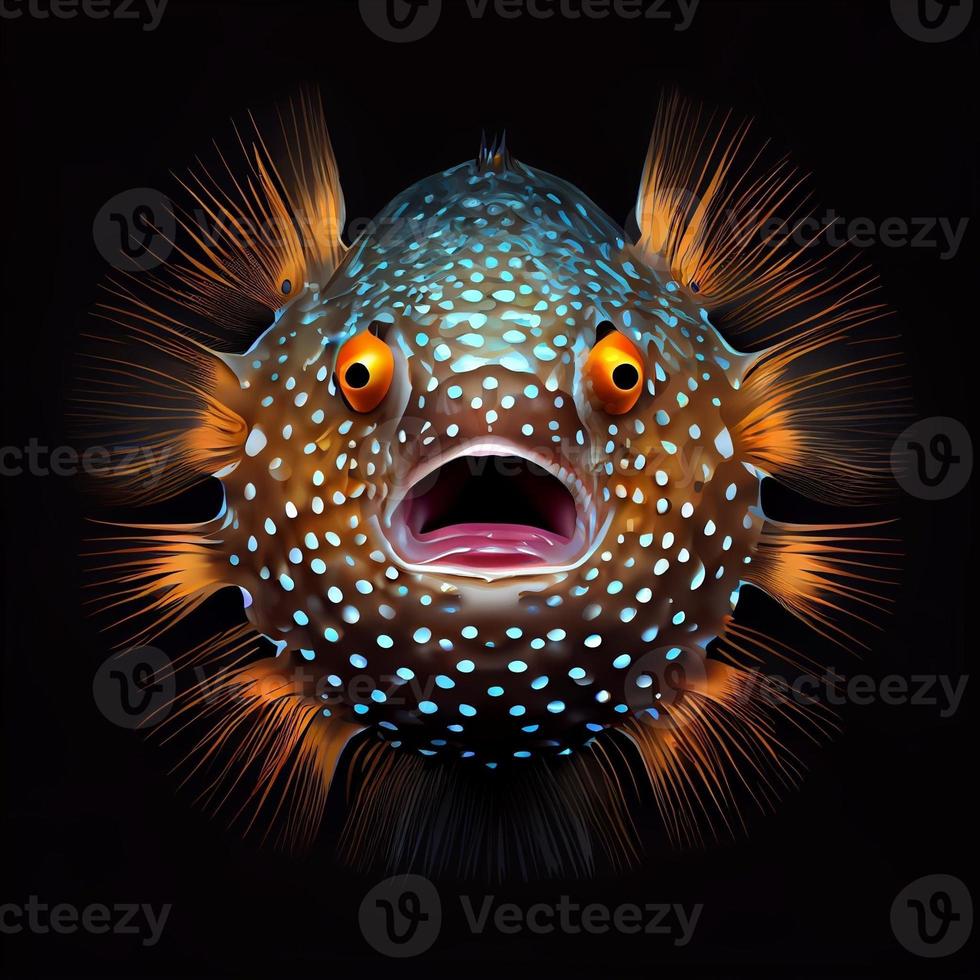 Illustration of surrealistic pufferfish with opened mouth on black background. Generate Ai photo
