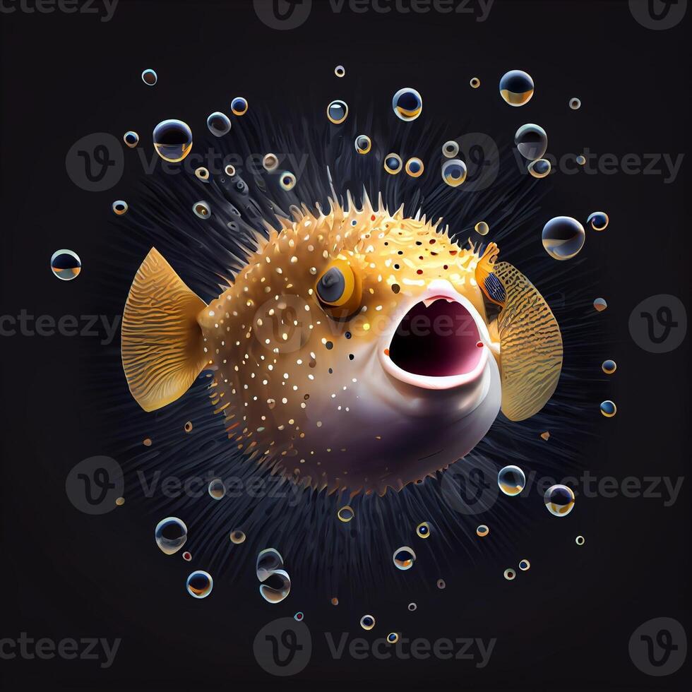 Illustration of surrealistic pufferfish with opened mouth on black background. Generate Ai photo