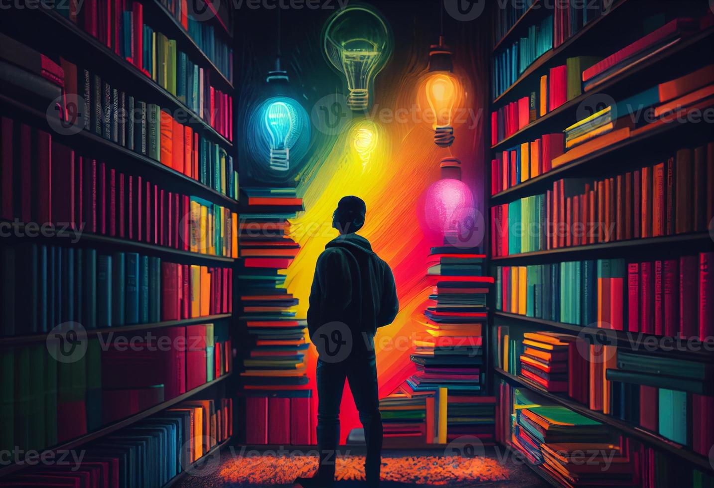 Man with book and lightbulb looking for knowledge on library with colorfull books. Generate Ai photo