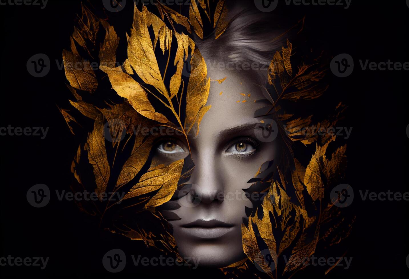 Woman sticking out of black and gold leaves. Generate Ai photo