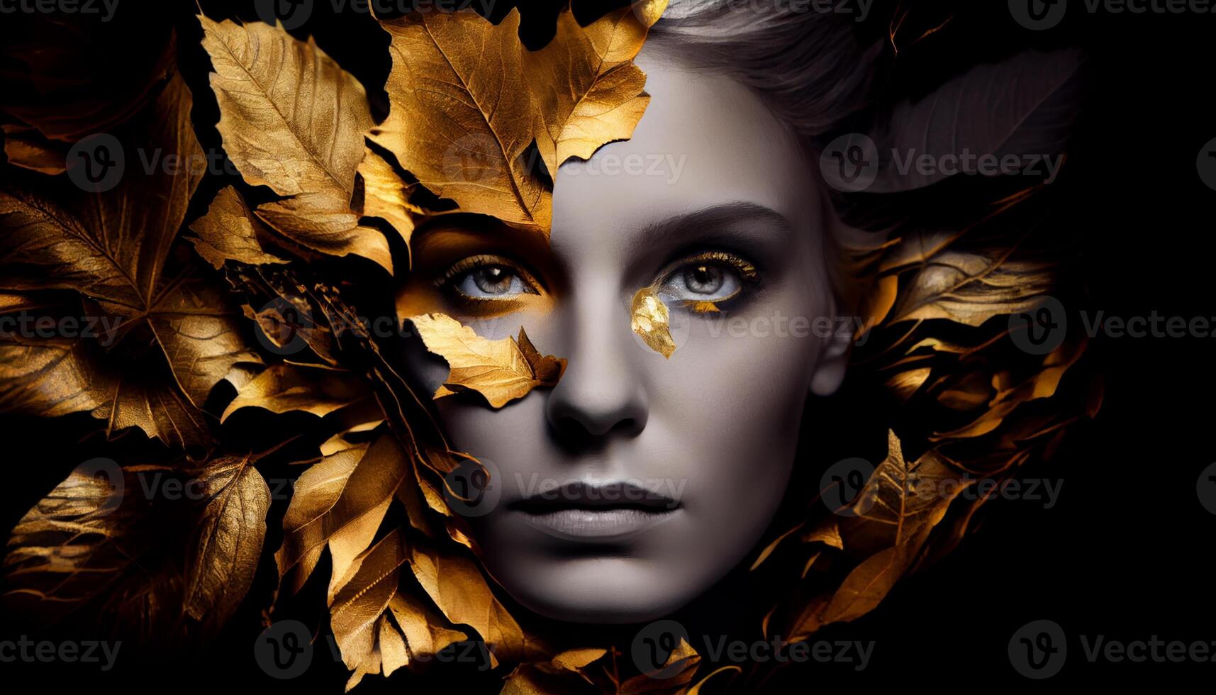 Woman sticking out of black and gold leaves. Generate Ai photo