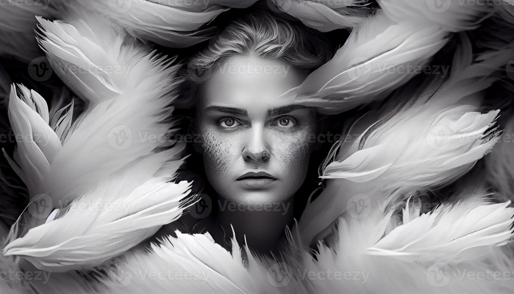 A woman's face sticking out in the middle of all the goose white feather. Generate Ai photo