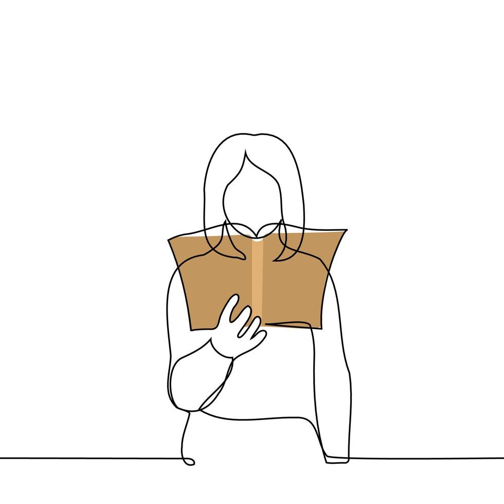 mujer en pie con abierto libro a cabeza nivel - uno línea dibujo vector. concepto leyendo un libro, elegir un libro vector