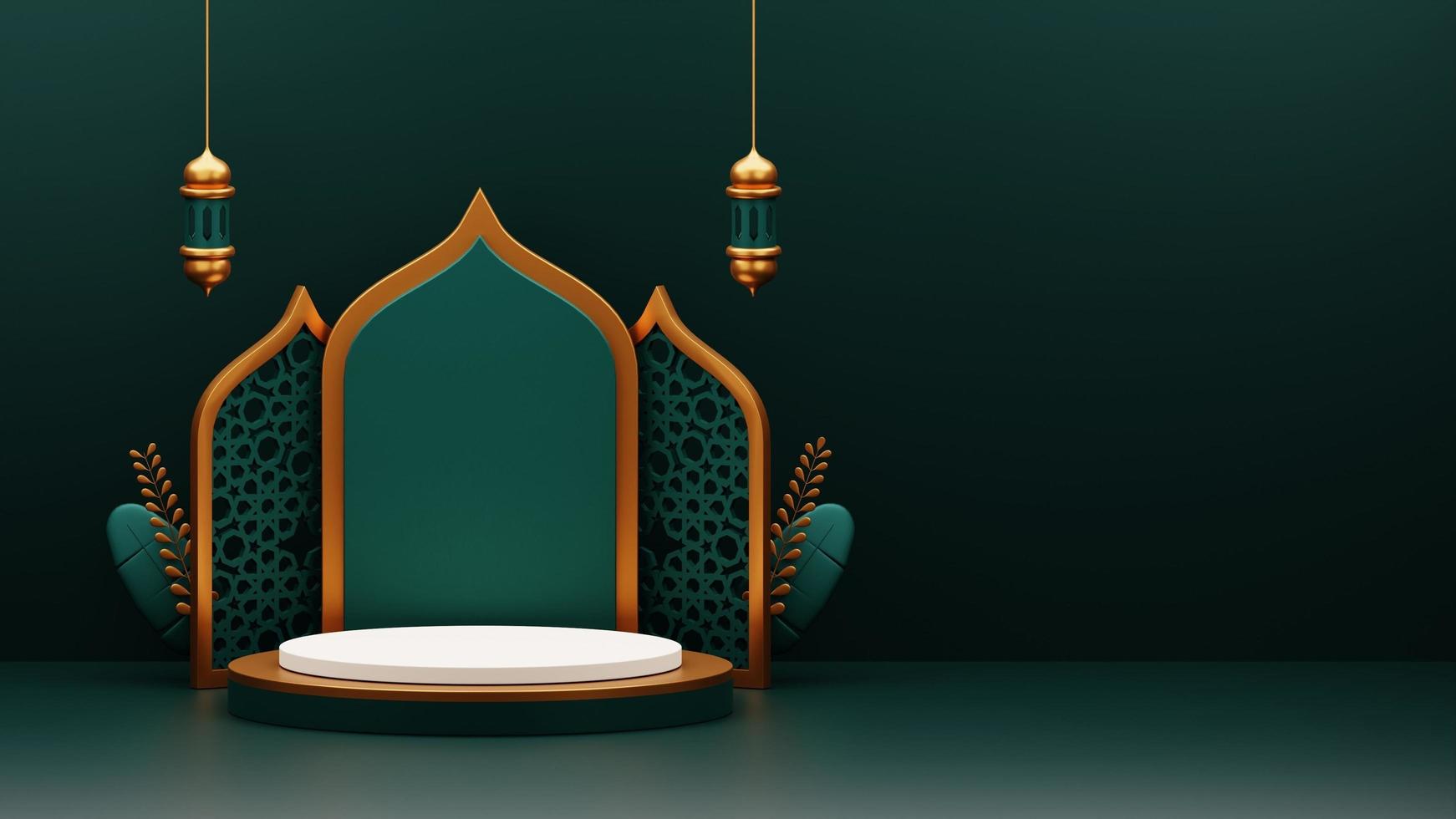 Green and Gold Islamic Podium Decorative Background with Lantern and  Copy Space. Suitable for Ramadan Mubarak or Eid Al-Fitri Banner Illustration photo