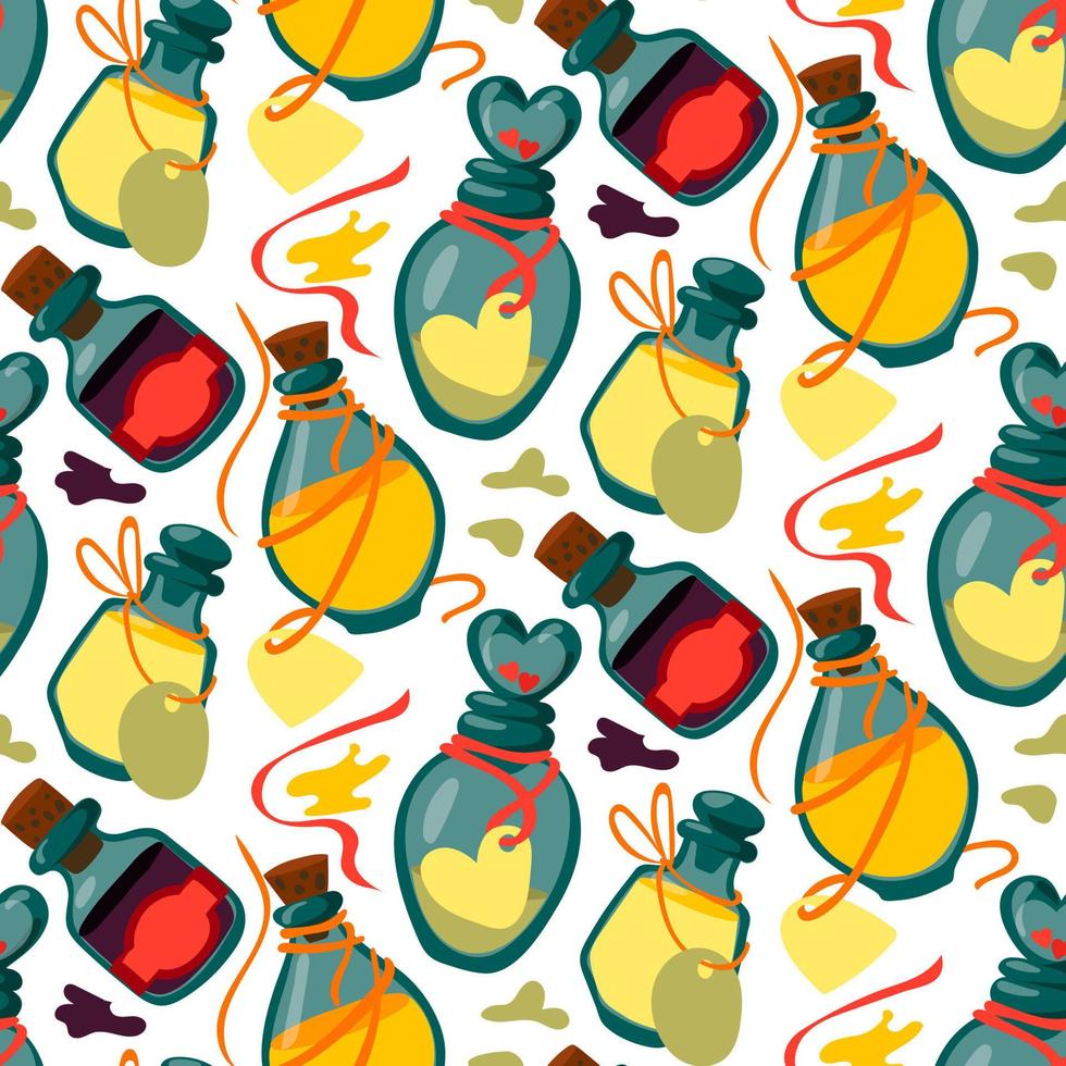 A pattern with colored jars of potions. Mysticism, magic, religion. Poisons with spots. Vector seamless pattern for printing on fabric and paper. Repetitive fashionable stylish texture for Halloween