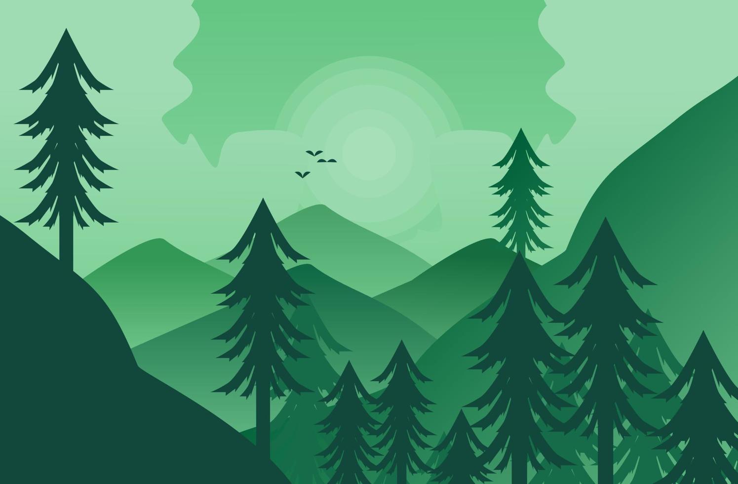 vector plano paisaje ilustración de montañas con bosque y volador aves