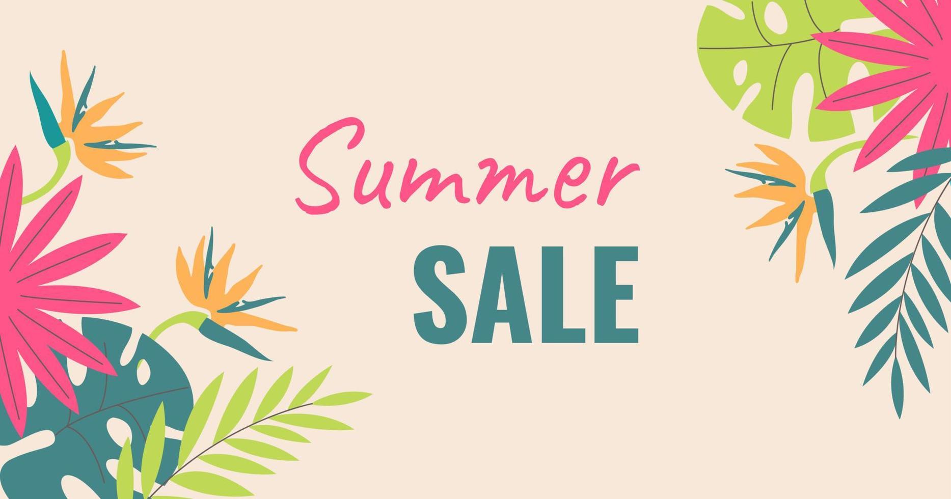 Creative, bright, colorful background with tropical leaves. Summer sale, poster template, greeting card, banner Vector illustration.