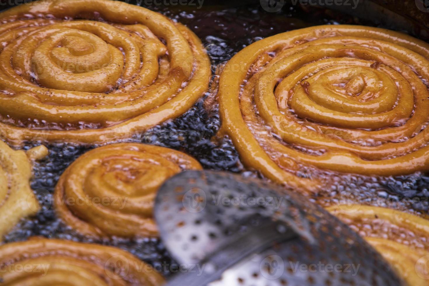 Delicious Testy sweet  jalebi fried in the cooking pan on a street food market in Chakbazar, Dhaka-Bangladesh photo