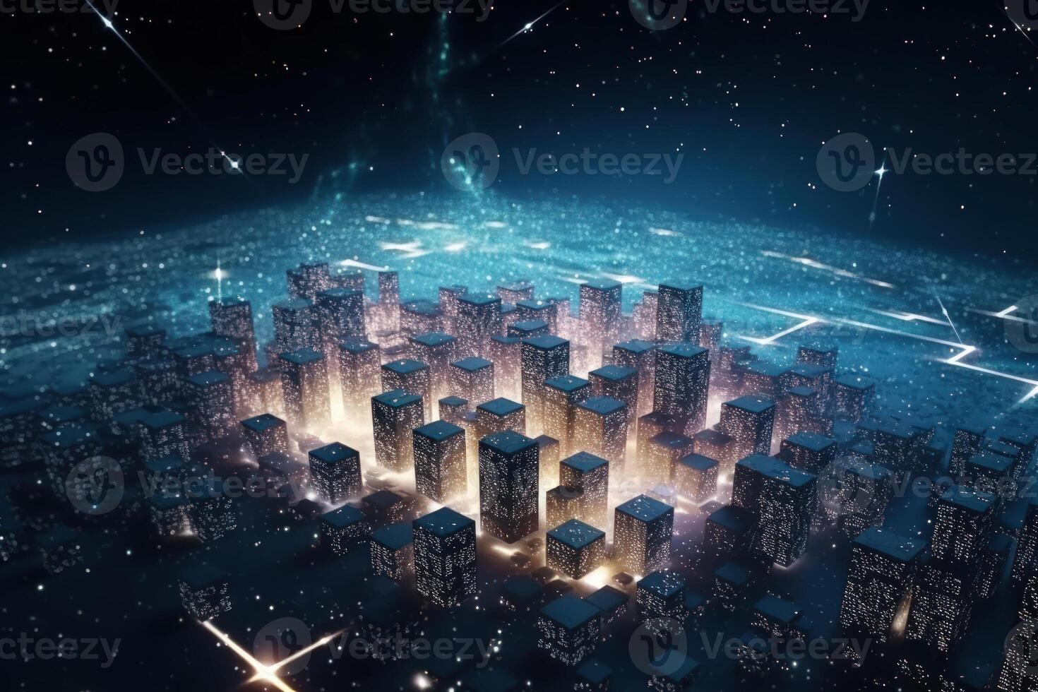 digital network landscape in a illuminated night city, future world photo