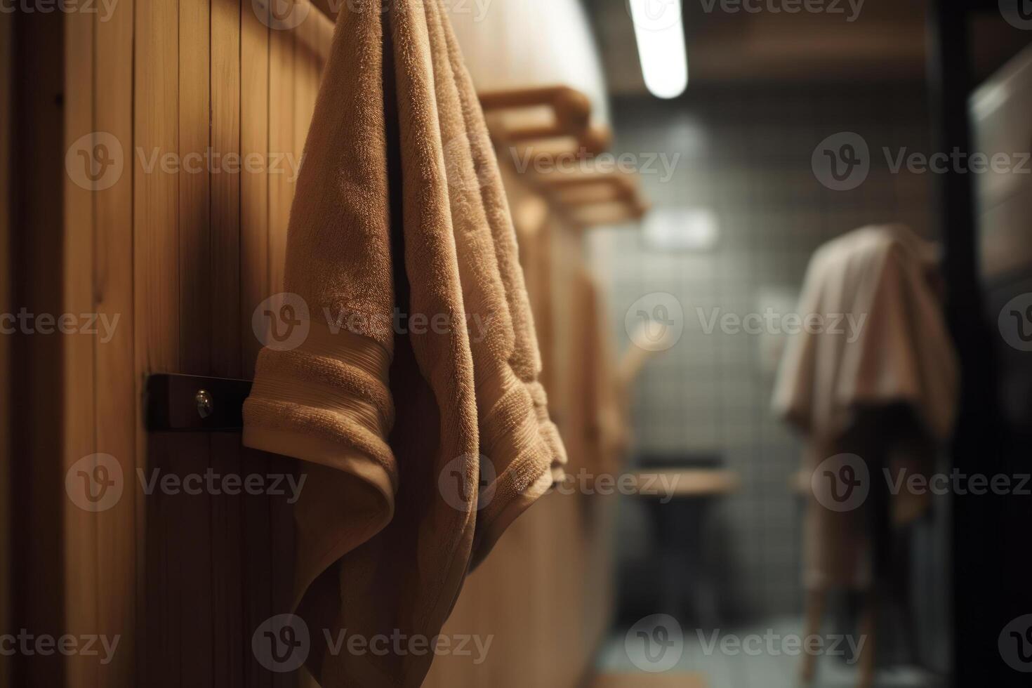 un bañera toalla en un percha en baño generativo ai foto