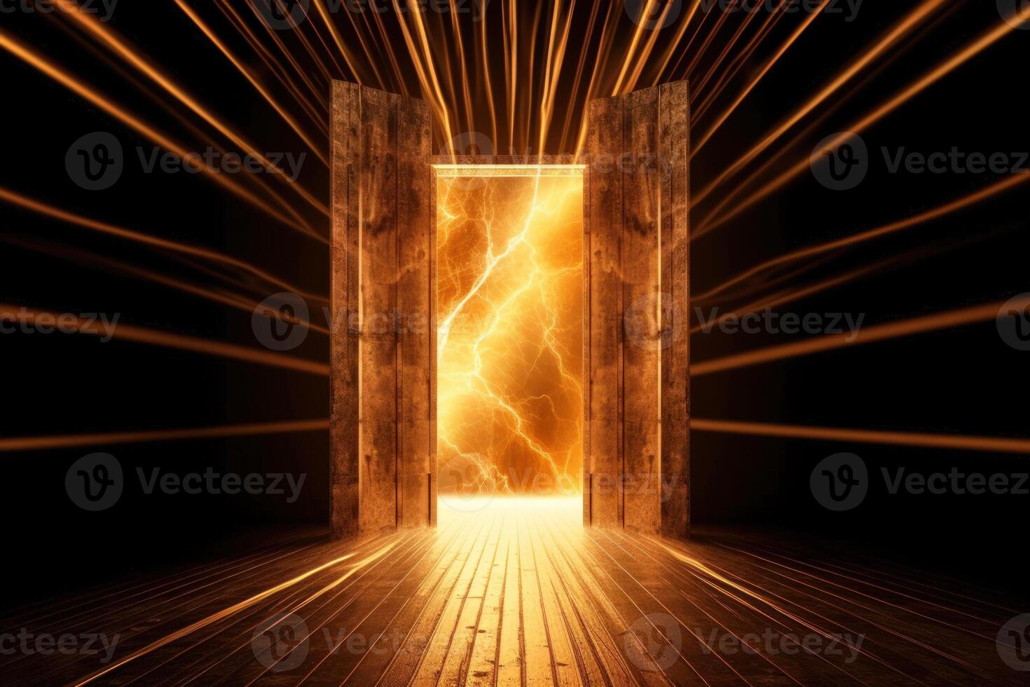 shining yellow light from doors in the empty black background, way out dark corridor photo