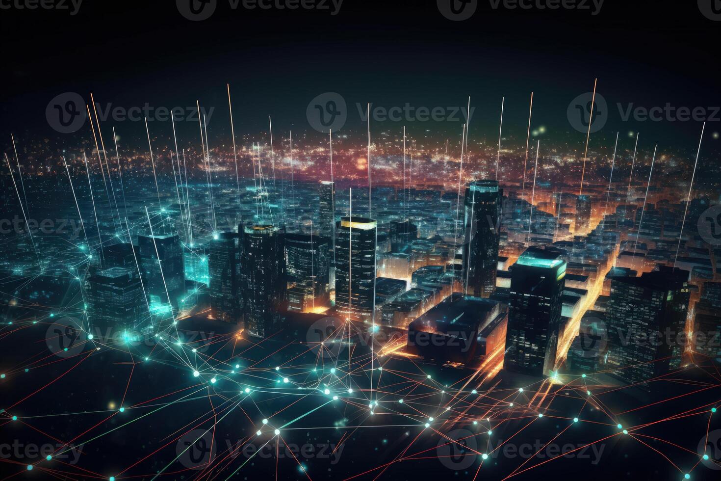 web network illuminated digital night city, cityscape web3 blockchain technology Internet connection photo
