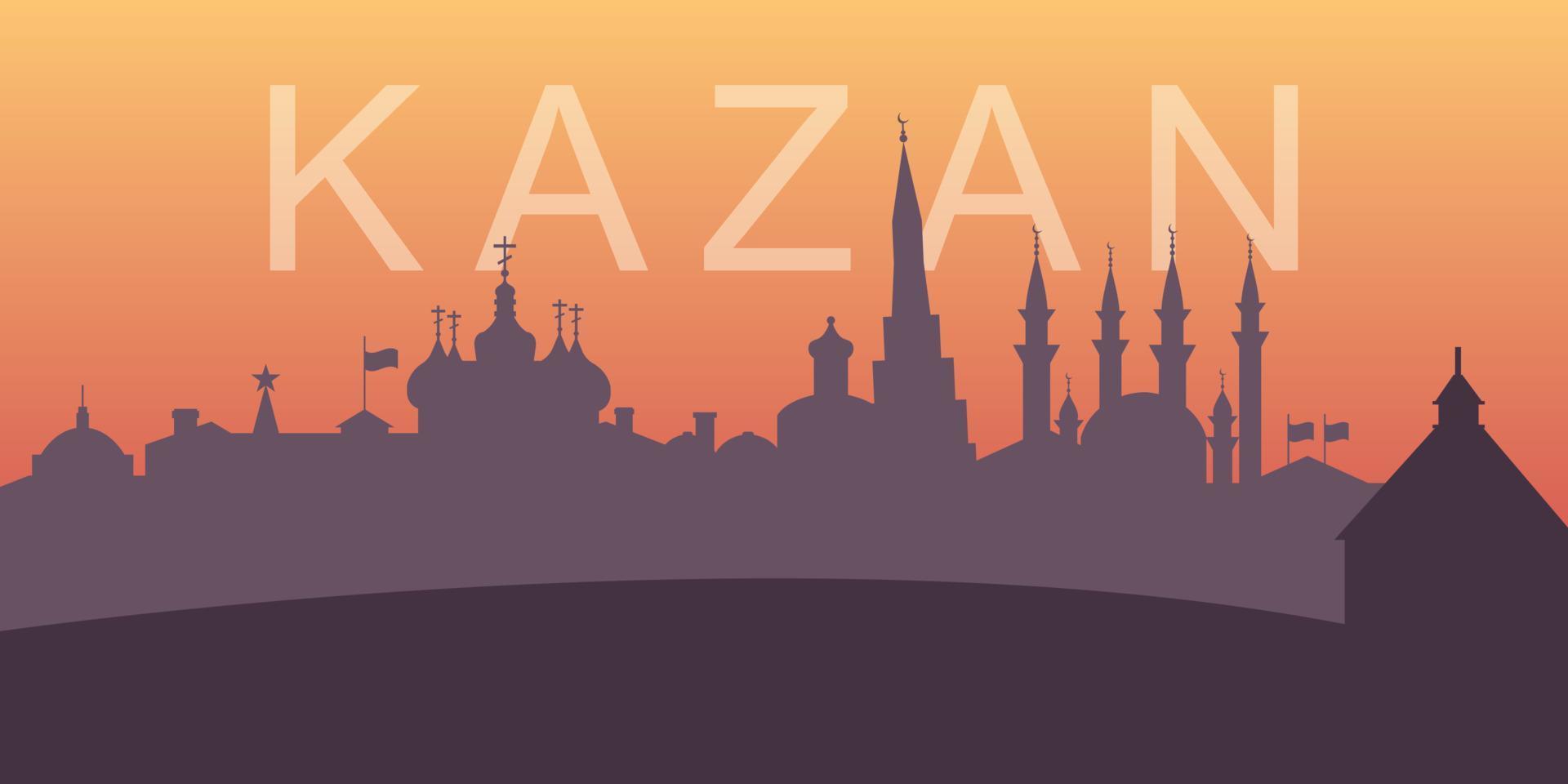 Kazan Kremlin skyline silhouette at sunset in flat style. Tatarstan, Russia. Kazan city landmark. Vector silhouette.