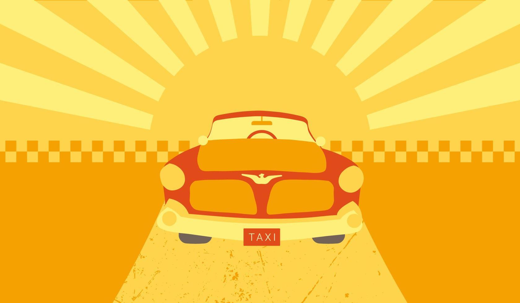 Retro car with sunburst background. Vector illustration in flat style. Business card format
