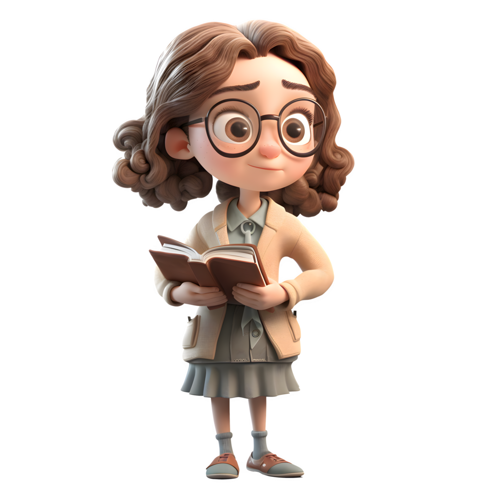 Genius Girl 3D Cute Girl in Professor Character holding Book and wearing Glasses PNG Transparent Background