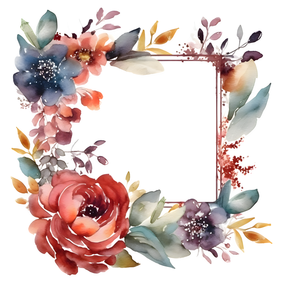 Delicate Floral Wreath with Roses, Dahlias and Eucalyptus Leaves. Hand Painted Watercolor Design. PNG Transparent Background