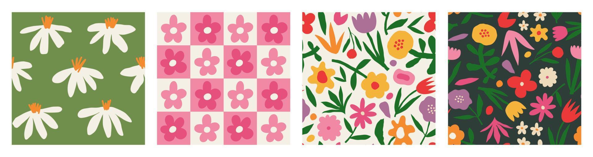 Set Aesthetic Contemporary printable seamless pattern with retro groovy flowers. Decorative Naive 60's, 70's style Vintage boho background in minimalist mid century style for fabric, wallpaper vector