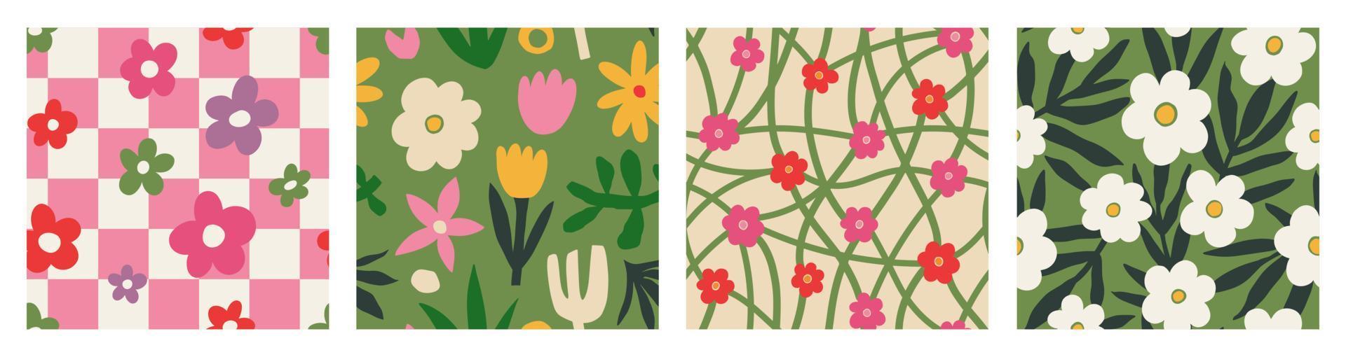 Set Aesthetic Contemporary printable seamless pattern with retro groovy flowers. Decorative Naive 60's, 70's style Vintage boho background in minimalist mid century style for fabric, wallpaper vector