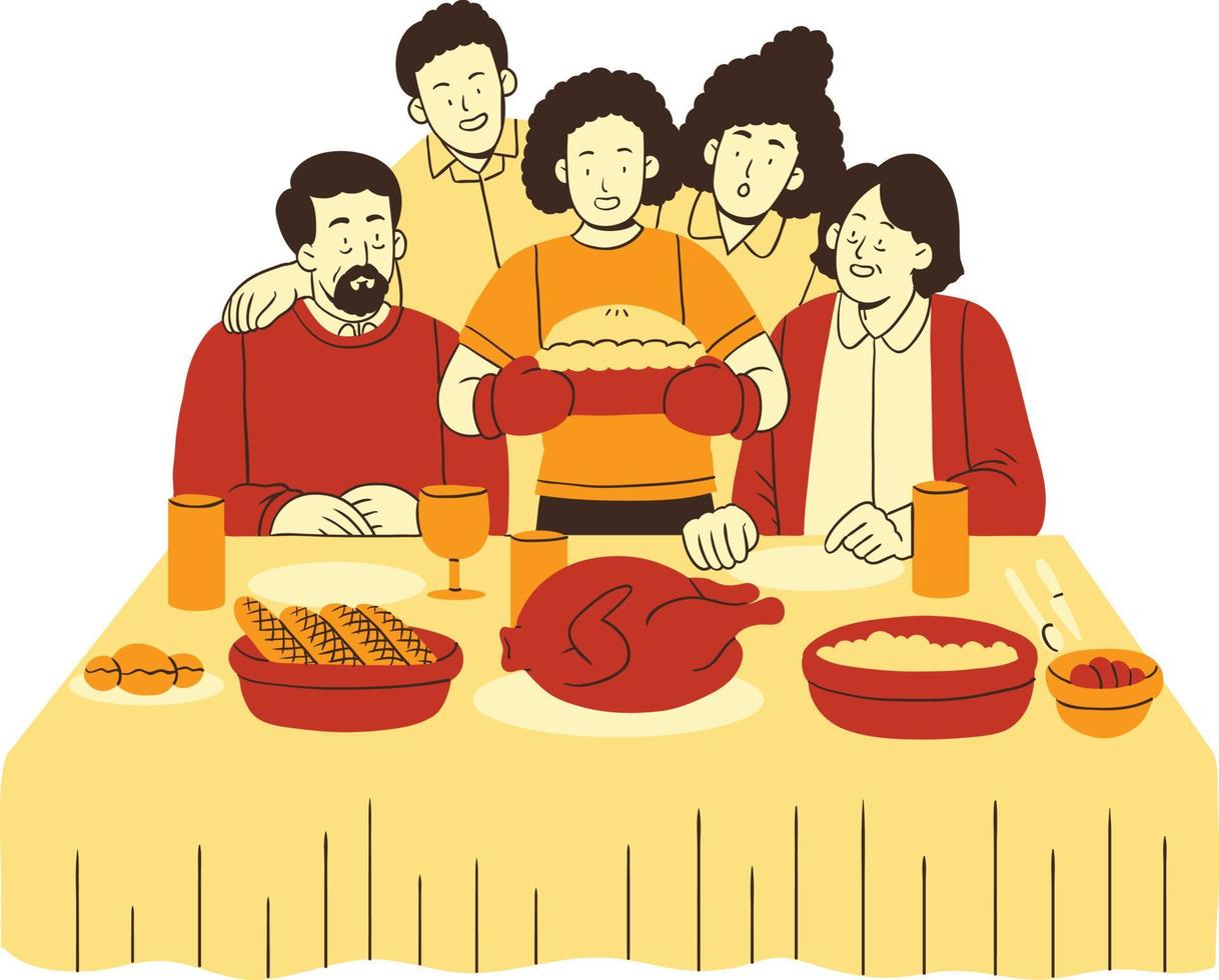 Family dinner at home. Flat vector illustration isolated on a white background.