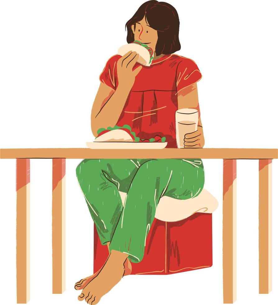 Illustration of a woman sitting at a table and eating a hamburger vector
