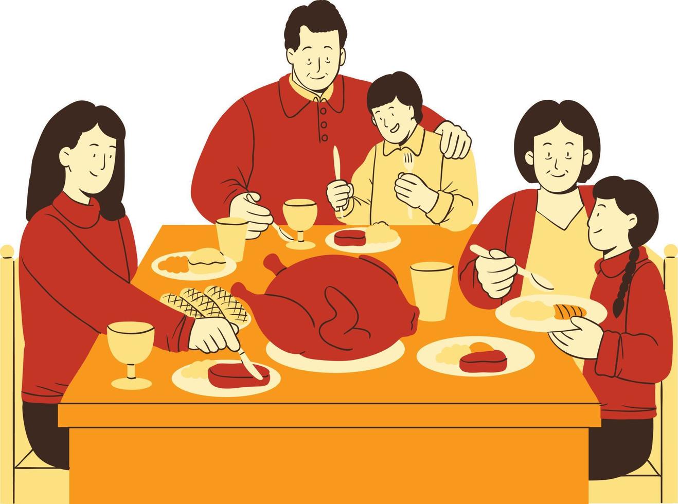 Happy family sitting at the table and eating food. Vector illustration.