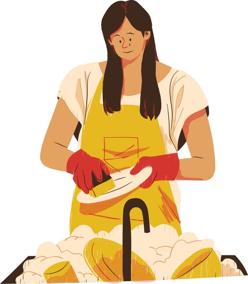 mujer en delantal Lavado vegetales. vector ilustración en dibujos animados estilo.