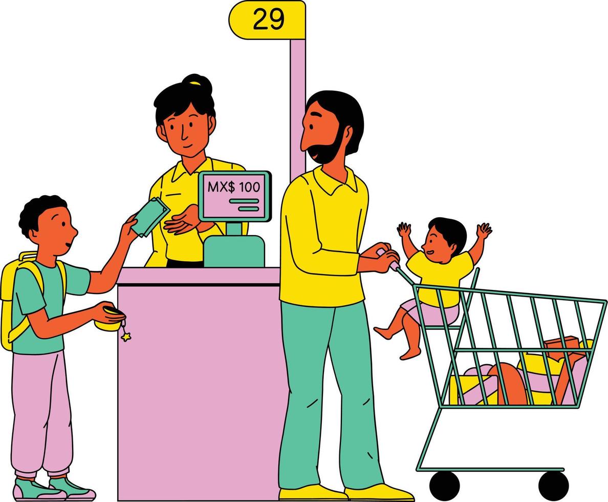 Mother and children buying food at the supermarket. Isolated vector illustration on white background.