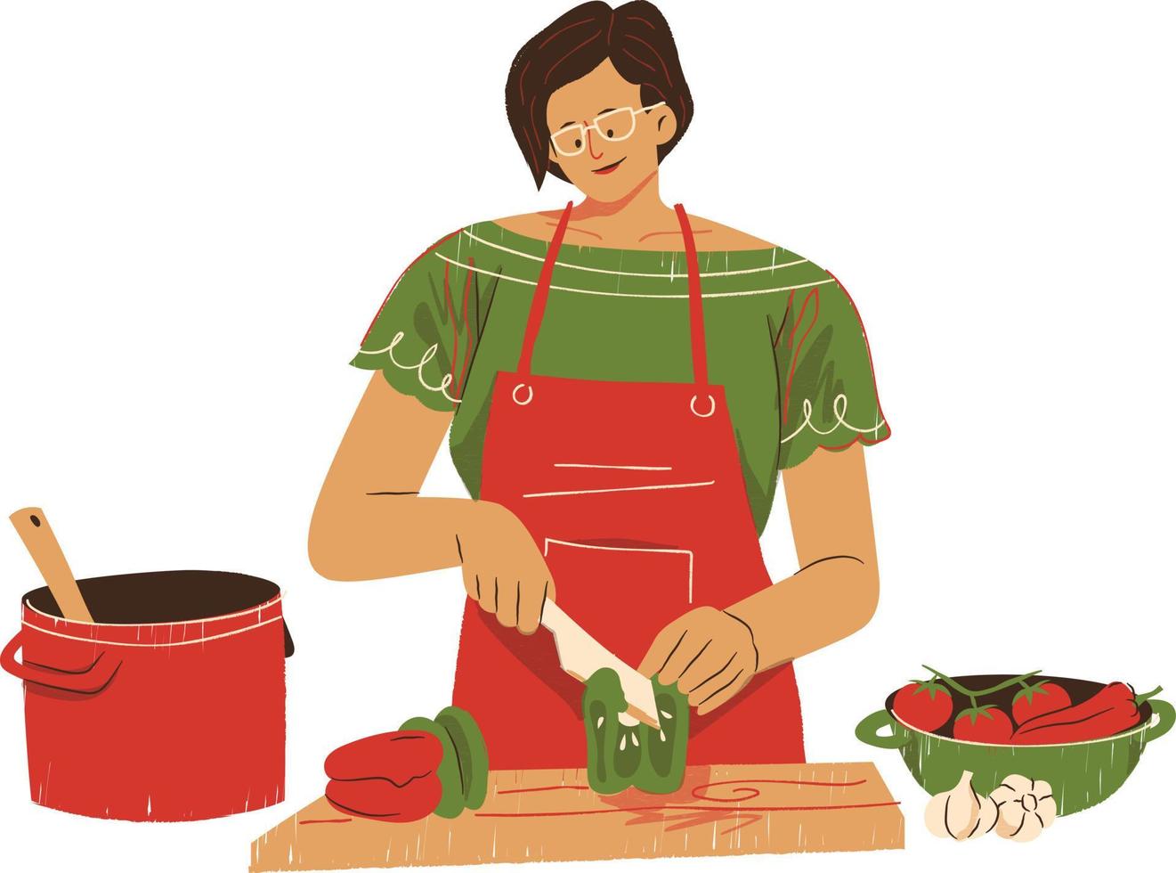 Illustration of a woman cooking in the kitchen. Vector illustration.