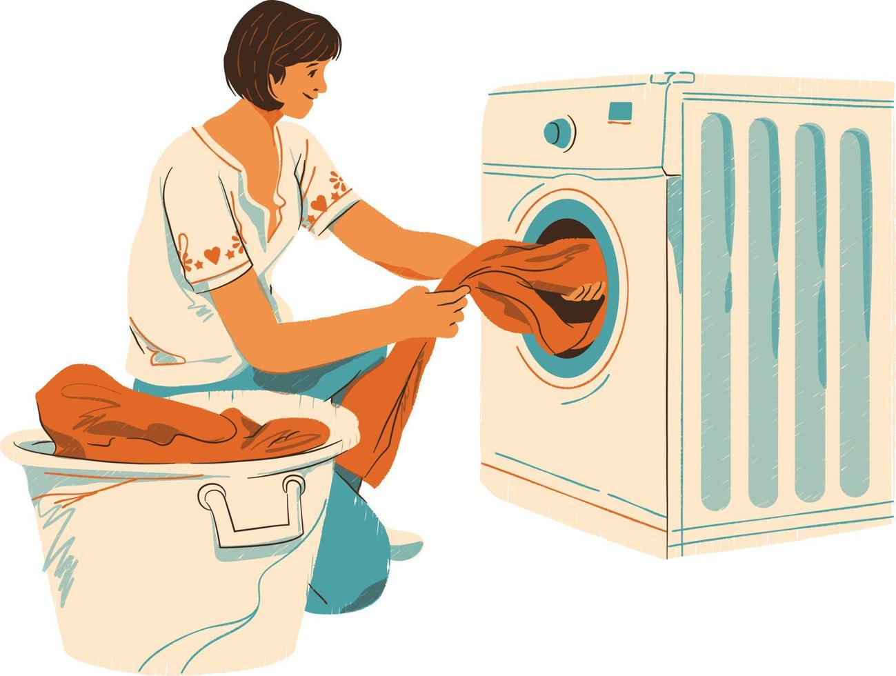 Laundry woman with washing machine. Vector illustration in cartoon style