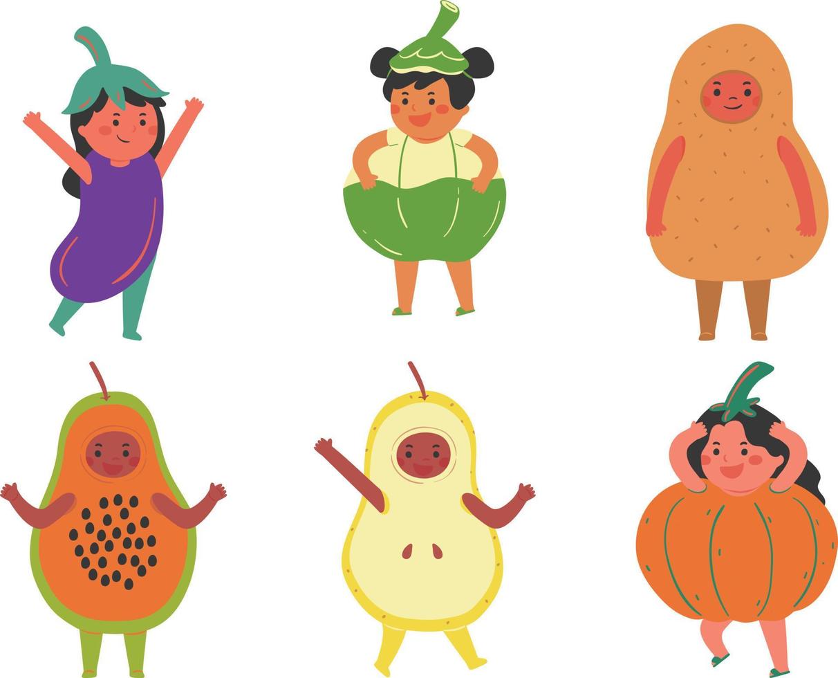 Set of Cute Cartoon Vegetable Characters in Halloween Costumes Vector Illustration