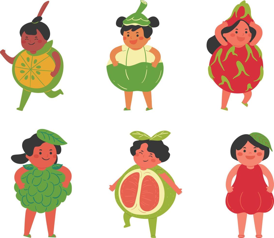 conjunto de linda dibujos animados muchachas con exótico frutas vector ilustración aislado en blanco antecedentes.