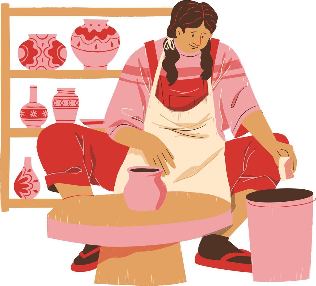 Female potter creating cup of hot drink in pottery workshop. Vector illustration