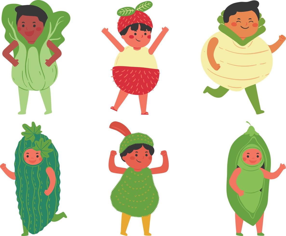 linda pequeño niña y chico en pijama con verde vegetales icono colocar, vector ilustración