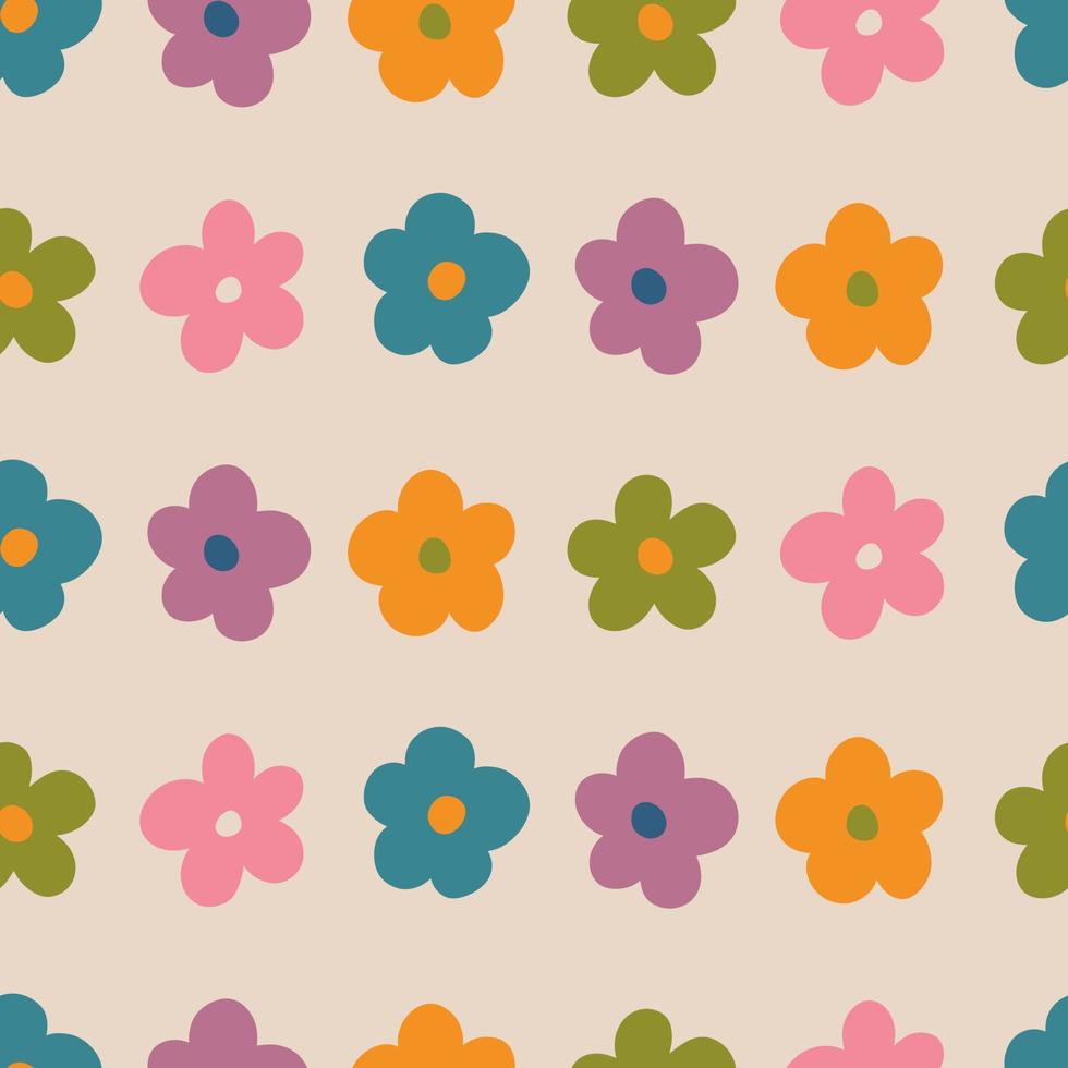 Aesthetic Contemporary printable retro groovy flowers seamless pattern. Decorative Hippie Naive 60's, 70's style Vintage boho background in minimalist style for fabric, wallpaper or wrapping vector