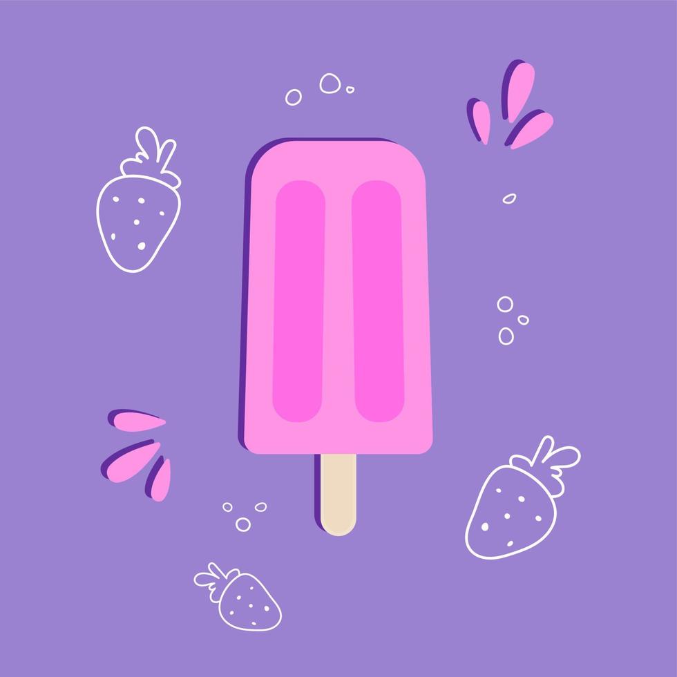 fruit ice, blue ice cream with strawberry flavor. fruit ice, ice cream with white hand drawn one line strawberry vector