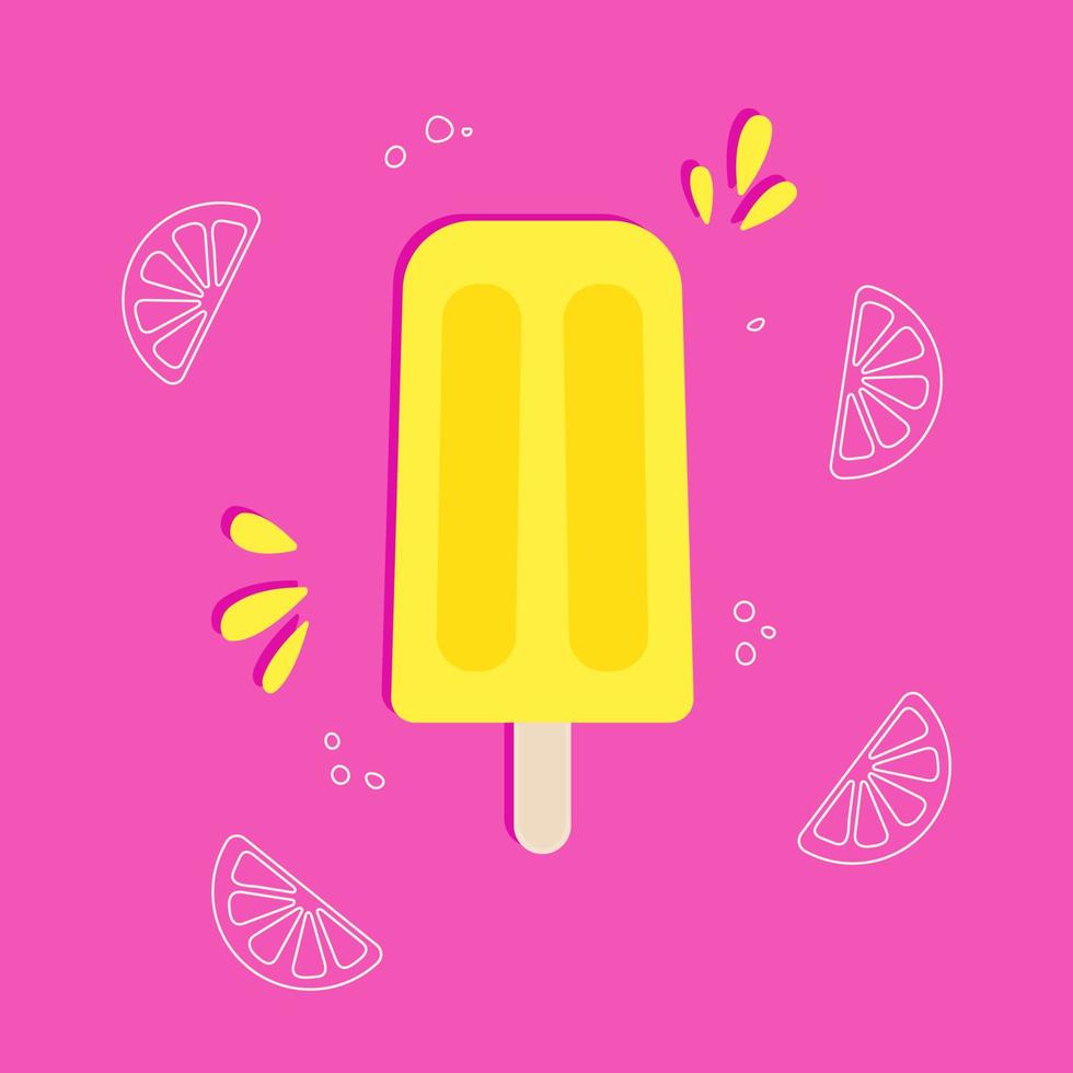 fruit ice, blue ice cream with lemon flavor. fruit ice, ice cream with white hand drawn one line lemon slices vector