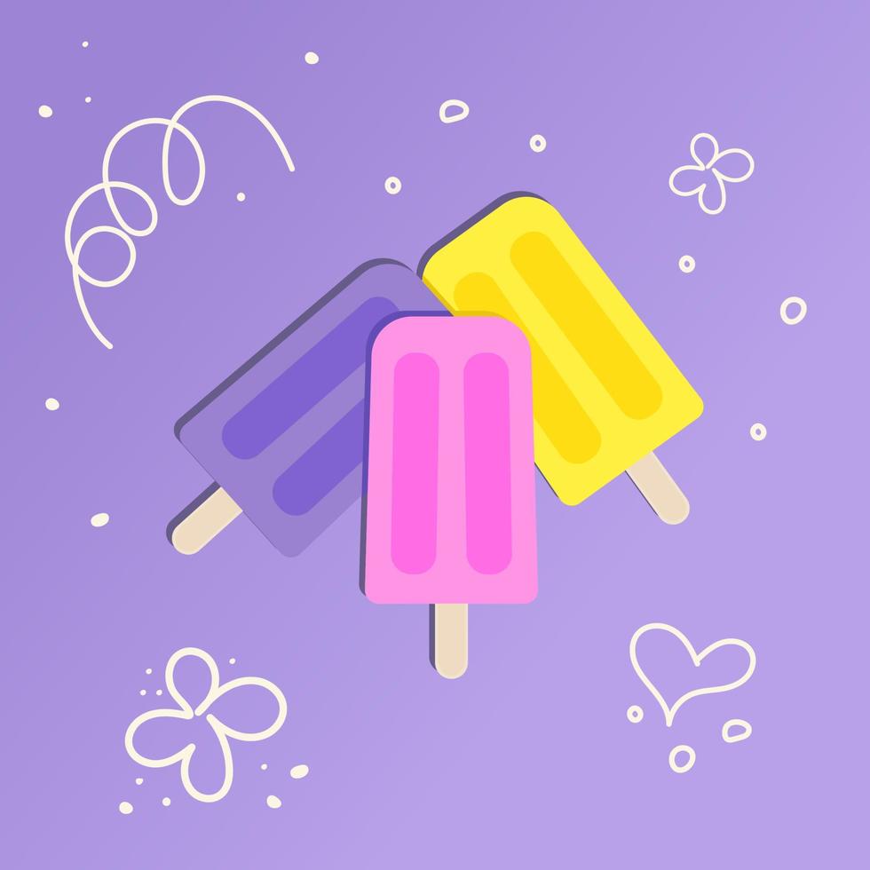 fruit ice, ice-cream yellow, pink, violet colors with one line heart, flowers vector