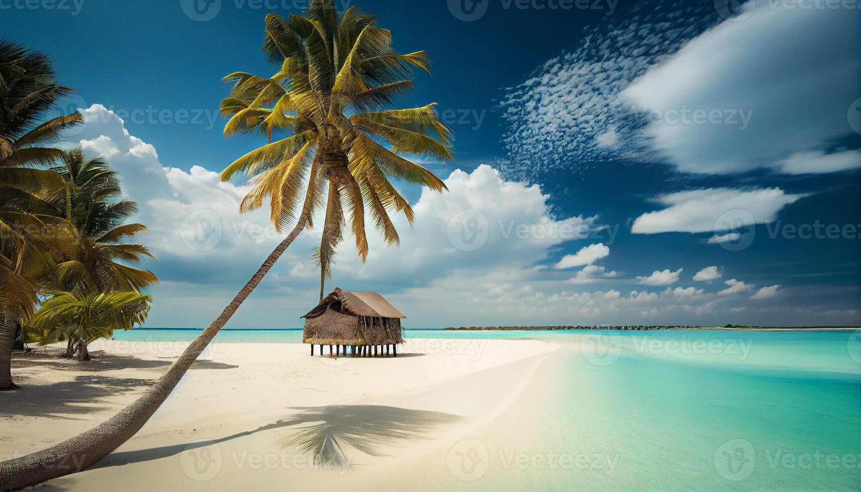 Coconut Palm tree on amazing perfect white sandy beach in island of Maldives. . Generate Ai. photo