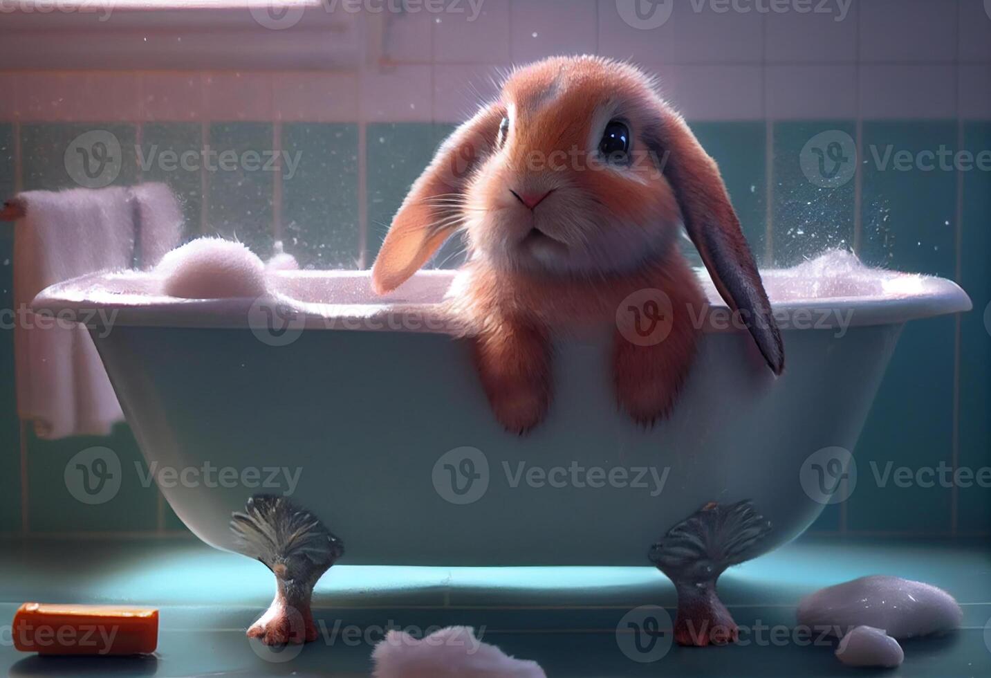 Cute rabbit in bathtub , pets cleaning. Generate Ai. photo