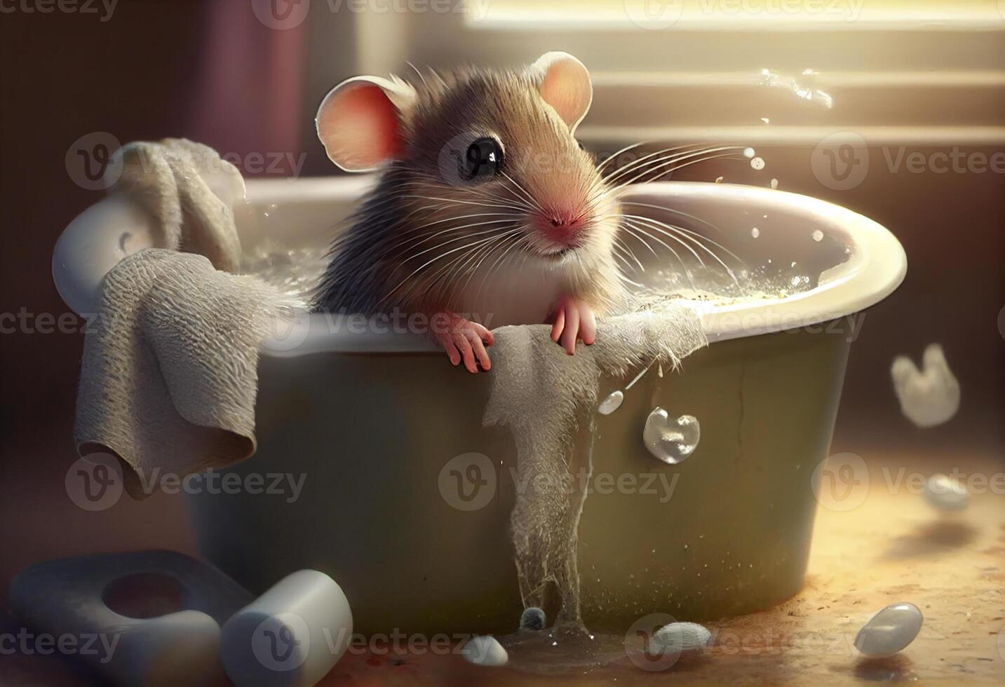 Cute mouse in bathtub , pets cleaning. Generate Ai. 22631299 Stock
