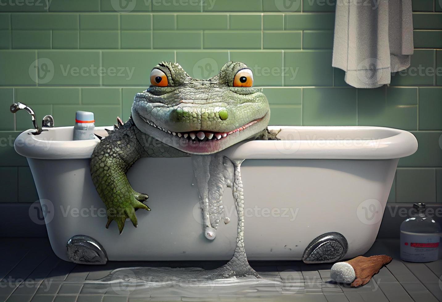 Cute crocodile in bathtub , pets cleaning. Generate Ai. photo