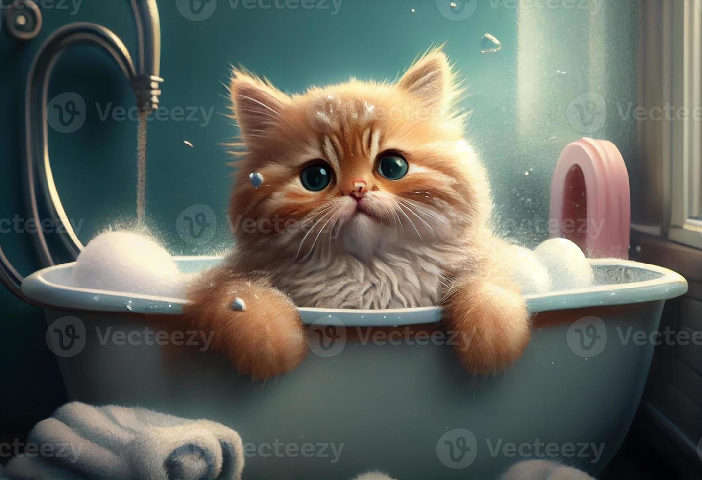 linda gato en bañera , mascotas limpieza. generar ai. foto
